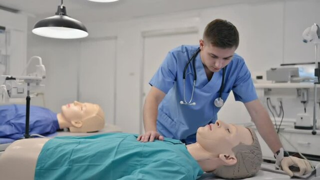 A young male medical student in blue scrubs practices chest compressions on a realistic simulation dummy in a training lab. Concept of hands‑on clinical skill development and emergency preparedness.