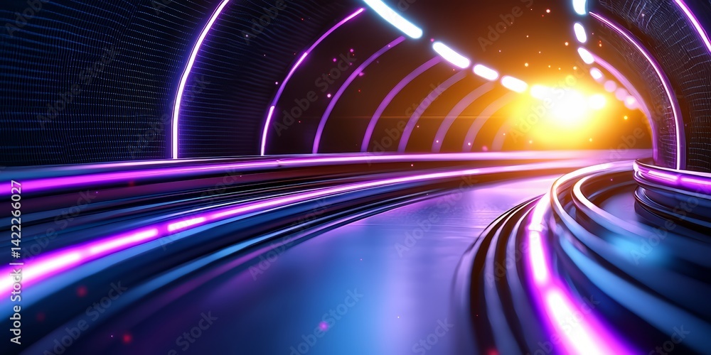 Poster tunnel with purple walls and a bright yellow sun shining through it. the tunnel is illuminated by ne