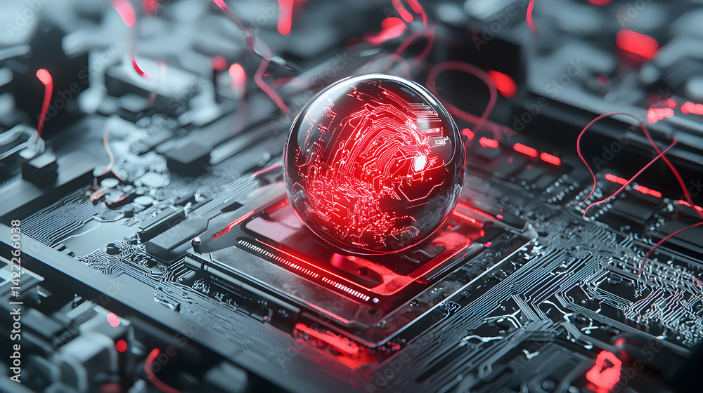 Poster futuristic digital sphere pulsing with red energy resting on a circuit board. symbolizes advanced te