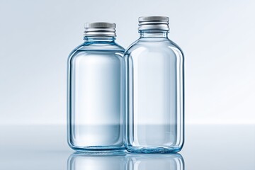 Two Empty Glass Water Bottles Standing Next to Each Other on a Reflective Surface With Soft Lighting in a Minimalistic Setting