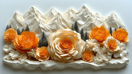 Paper art featuring white mountains grey trees  orange  white flowers in a decorative arrangement against a light ba