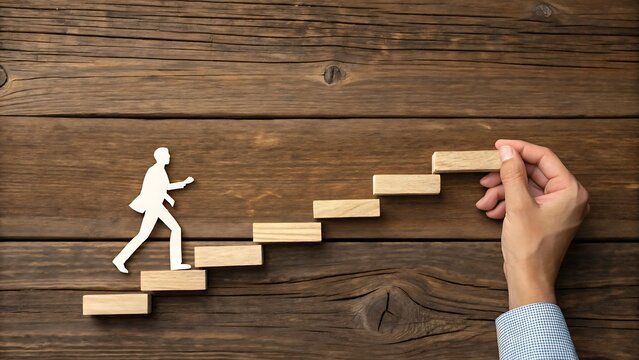 Striving for Success: A person ascends a wooden staircase symbolizing personal growth and aspiration, a hand carefully places the final step, achieving a pivotal milestone.