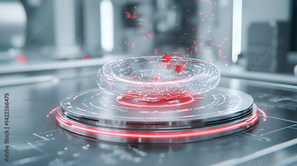 Poster futuristic tech concept. displays a glowing ring above a platform with red accents. the setup looks 