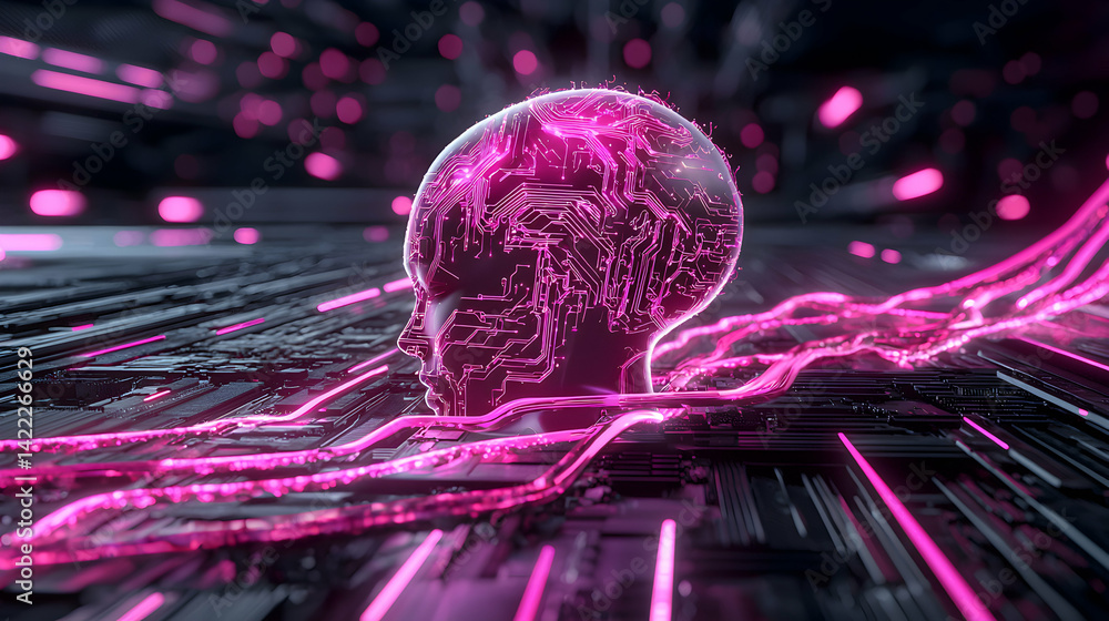 Poster an artistic representation of ai with a circuit board brain and digital connections. it can be used 