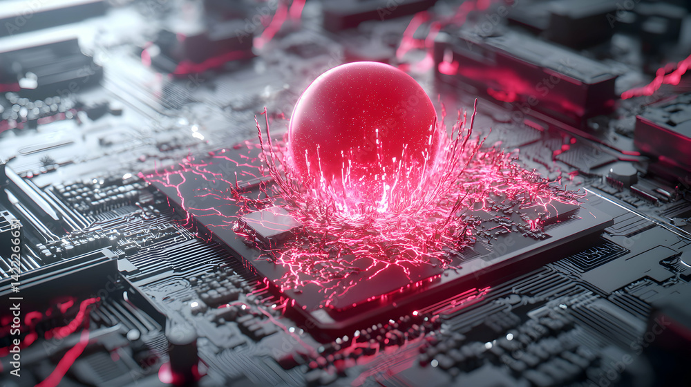 Poster a futuristic digital circuit board with a glowing red energy sphere at its center. ideal for sci-fi 
