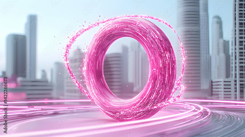 Poster a futuristic scene featuring a pink torus with liquid particle effects. the background shows a city.