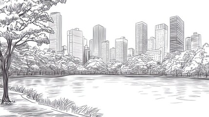 Fototapeta premium City park sketch tranquil lake, trees, skyscrapers background. Ideal for urban nature, travel brochures
