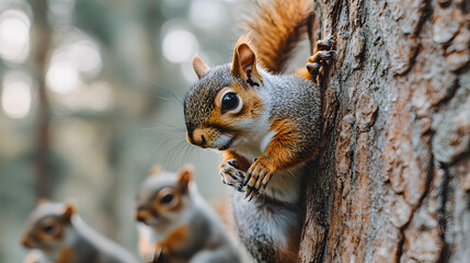 Fototapeta premium Squirrel clinging to a tree trunk another squirrel in the background with a bokeh background adding a charming natural