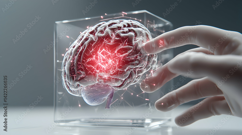 Poster an artistic rendering depicts a brain inside a clear cube. hands in gloves reach toward it. suggesti