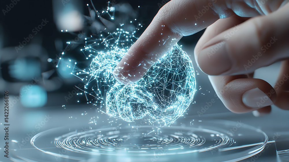 Poster this image depicts a hand interacting with a digital representation of a brain symbolizing ai and te