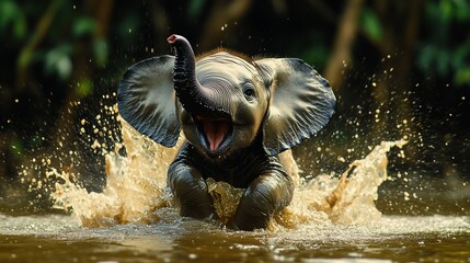 Exuberant pachyderm calf revels in aquatic play, creating joyous splash