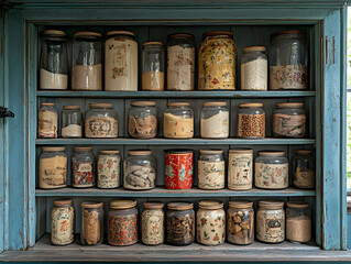 Vintage Glass Jars Filled with Dried Goods on Wooden Shelves