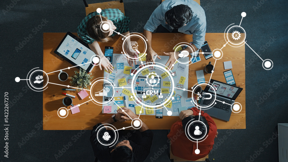 Poster collaborative work environment with crm concepts in action during a team meeting focusing on digital