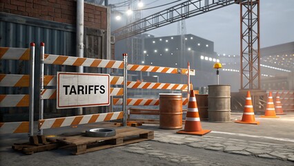 Tariffs Sign at Industrial Site: A compelling image featuring a "Tariffs" sign set against an industrial backdrop, evoking themes of trade, economics, and global commerce.