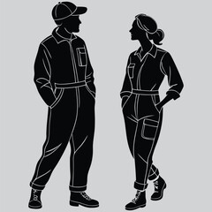 Man and woman in work uniforms  image silhouette design vector art and illustration