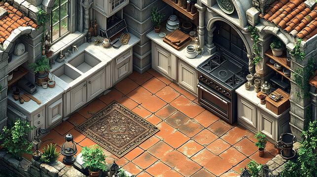 An isometric view of a kitchen with an antique rug stone architecture and terracotta tiles