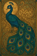 Fototapeta premium Art Nouveau peacock displaying elegant plumage against ornate background 