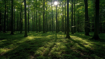 Obraz premium Dense forest with tall trees and a carpet of green undergrowth sunlight streaming through