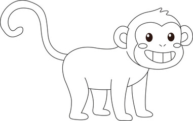 Cute cartoon monkey with big smile – black and white vector outline illustration for kids coloring book, jungle animal character with curly tail