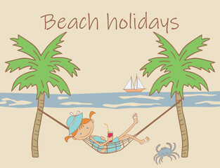 One little cute cartoon girl relaxing in hammock under palm trees on beach vacation in summer day, vector illustration