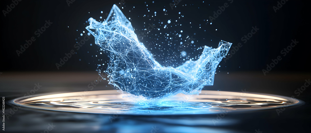 Poster a futuristic digital artwork depicts an abstract structure of interconnected lines glowing in blue a