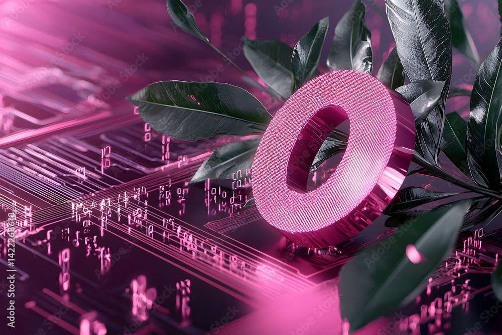 Poster an artistic blend of technology and nature. featuring a digital circuit board with a pink ring and l