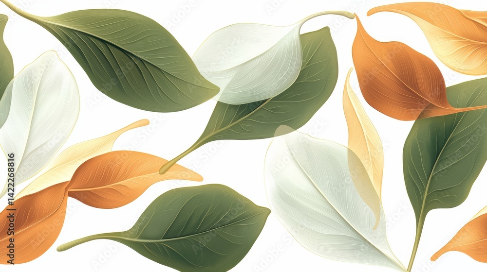Poster white background with a green leaf and a brown leaf. the leaves are scattered all over the backgroun