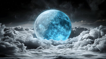 A captivating image of a glowing blue moon floating above a sea of fluffy clouds. Perfect for fantasy art space themes or book covers. Adds a cosmic vibe.