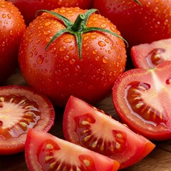 fresh tomatoes and some tomatoes sliced with some water drops 