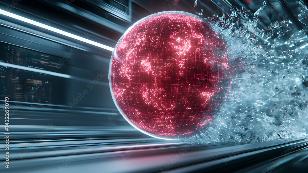Poster a futuristic scene featuring a glowing red sphere surrounded by fragmented shards. could be used for