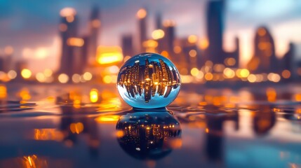 A crystal ball reflecting a vibrant cityscape at twilight dusk