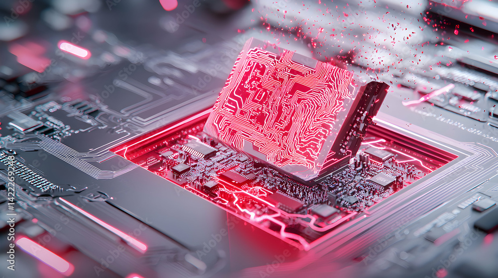 Poster a futuristic circuit board with a glowing central processing unit. use it for tech presentations or 