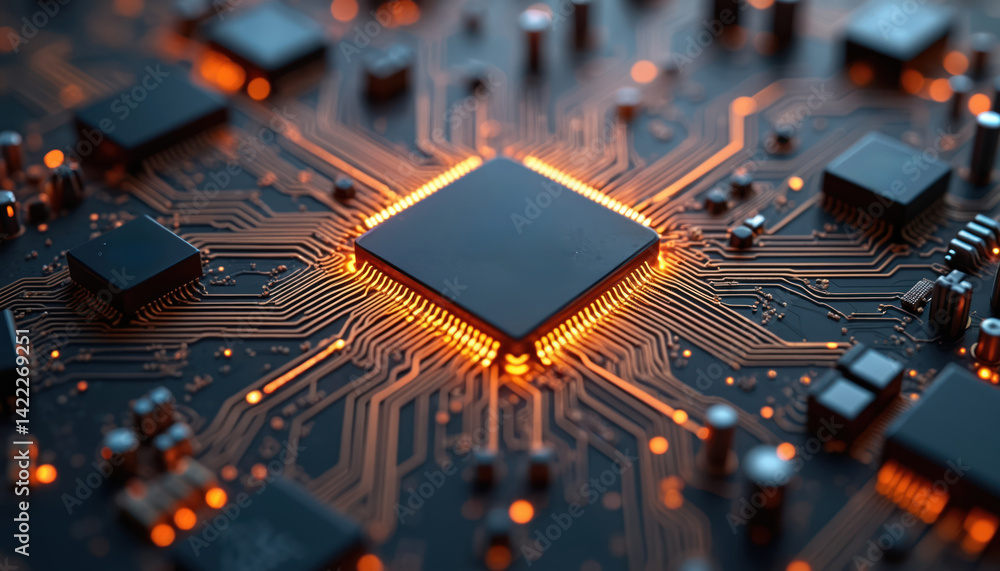 Poster close-up of computer circuit board with glowing orange light. central microchip with complex network