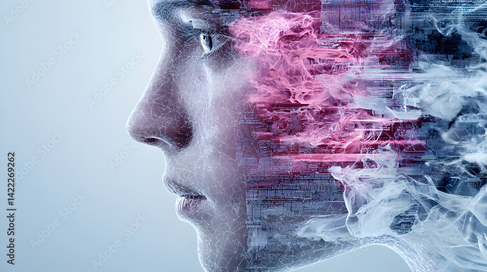 Poster conceptual artwork showing a face partially dissolving into digital data representing the intersecti