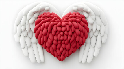 Red Heart with White Wings on White Background