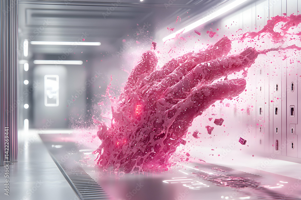 Poster a surreal image depicting a hand made of pink liquid exploding in a futuristic hallway. suggests tec