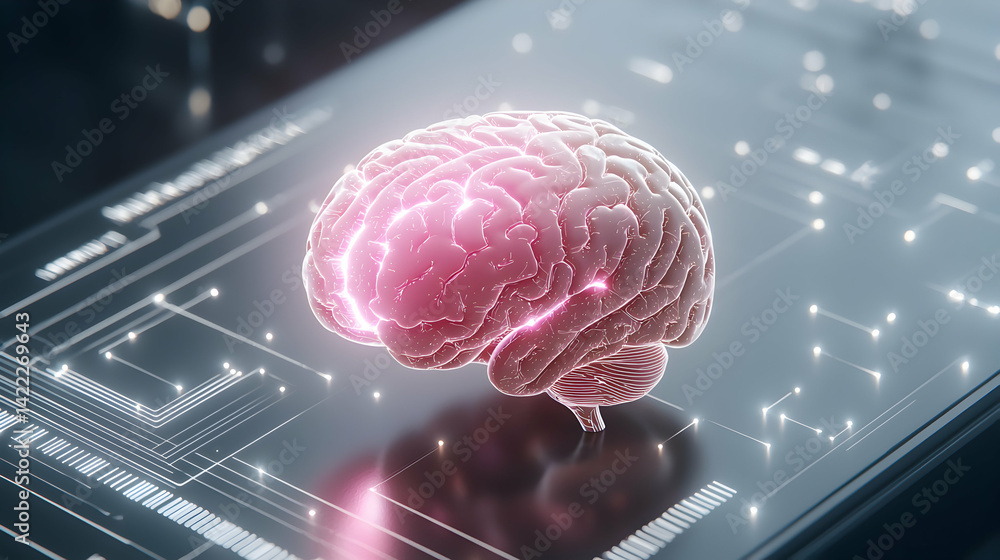 Poster a glowing brain sits atop a circuit board. represents artificial intelligence and the intersection o