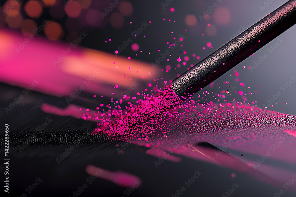 Poster abstract macro shot of granular pink substance being manipulated by a textured dark tool. suitable f