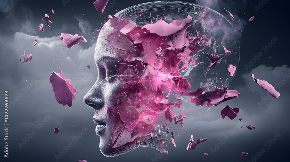 Aufkleber This image depicts a metallic face with pink fragmented elements conveying digital transformation. It could be used for technology-related presentations or sci-fi concepts.