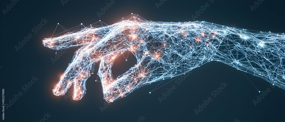 Poster digital hand illustration showcasing interconnected data points. suitable for representing networks 