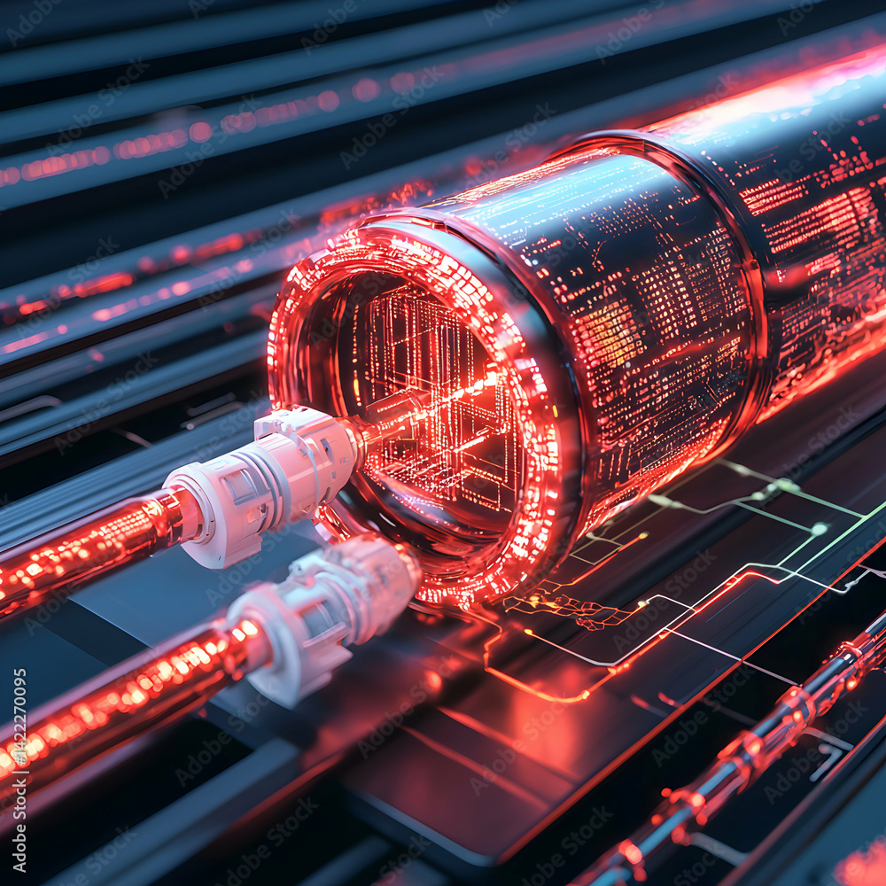 Poster futuristic data transfer visualization showing cables connections and circuit boards with vibrant re