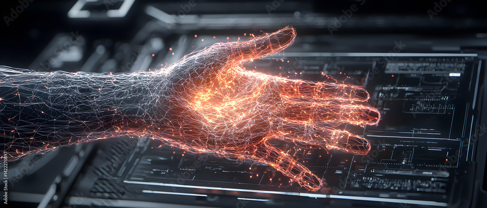 Poster a digital hand glows with energy above a futuristic interface. suggests data transmission or virtual