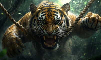 Fierce tiger lunging forward in the jungle, embodying untamed power and intensity