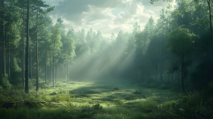 Fototapeta premium Sun rays filtering through tall trees in a serene green forest with a grassy clearing Mystical atmosphere with nature