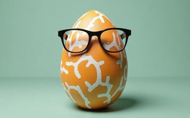 Quirky Orange Egg with White Abstract Bone Pattern and Black-Framed Glasses, Creating a Humorous Intellectual Character, Perfect for Creative Design, Funny Art, and Whimsical Decor Projects