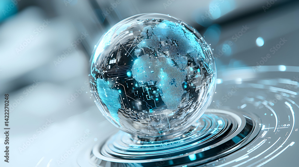 Poster a futuristic globe design representing digital connectivity and global networks. it could be used in