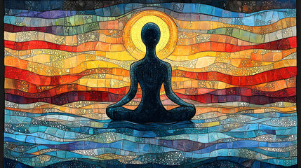 Tranquil mosaic art a yogi sits in meditation against a radiant sun rising above color waves blending blues oranges a