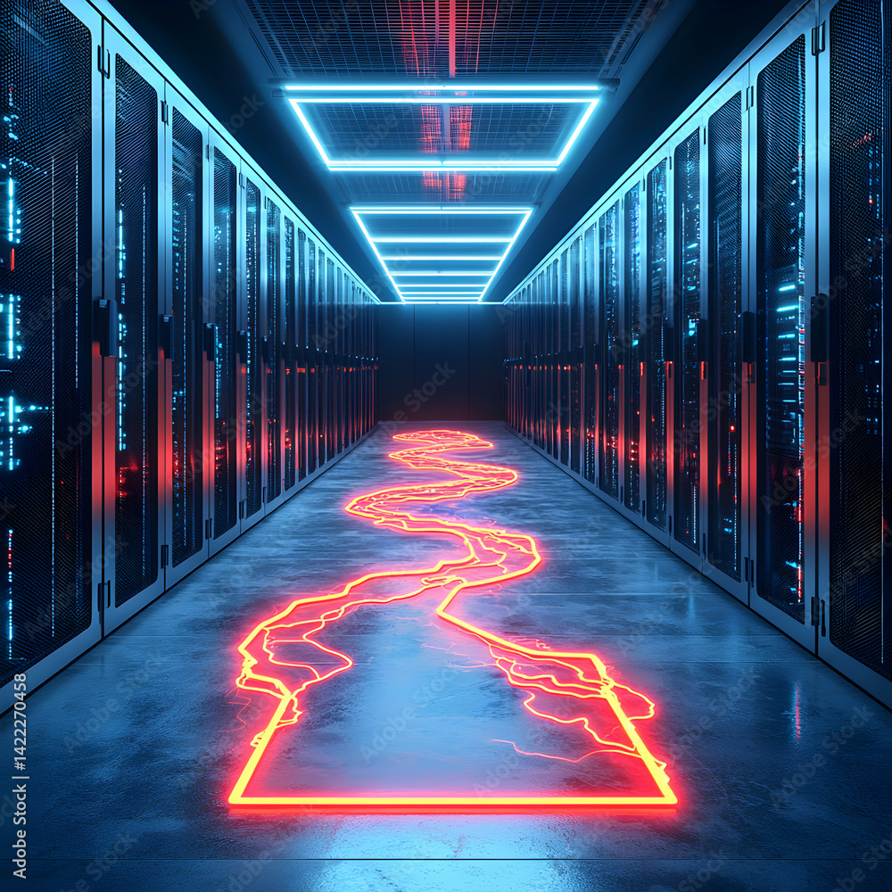 Aufkleber a futuristic server room with glowing neon lights. perfect for representing data processing or techn