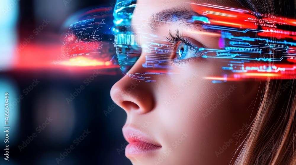 Poster woman is looking at a computer screen with a futuristic design. concept of technology and innovation