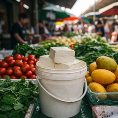 tahu or tofu above the white bucket and the background vegetables on the market. Tahu is 